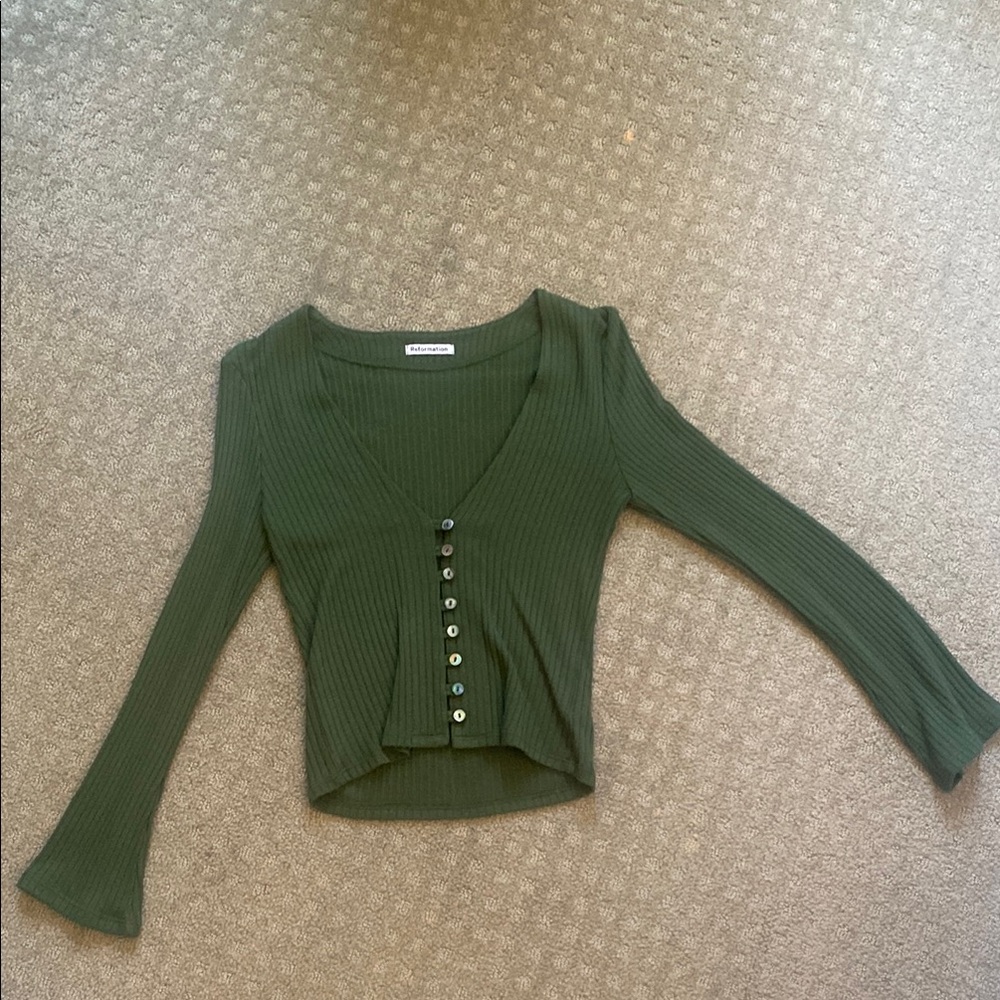 Reformation Green Bell Sleeve Crop Blouse